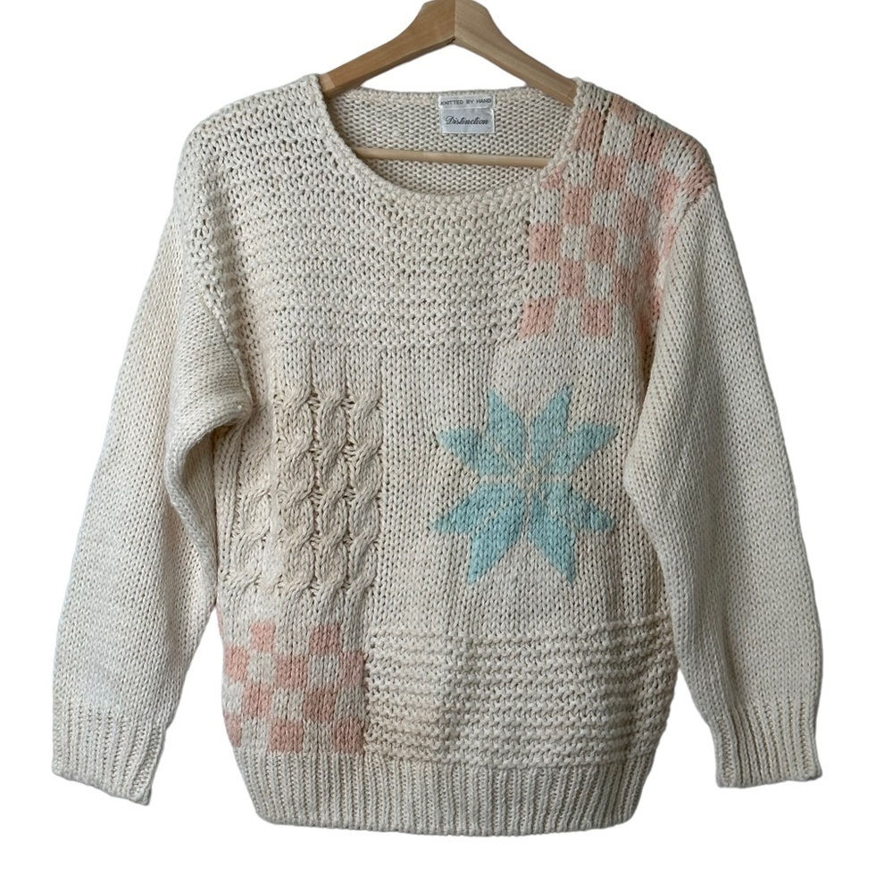 Vintage Distinction Ivory Chunky Hand Knit Crew Neck Sweater Sz L